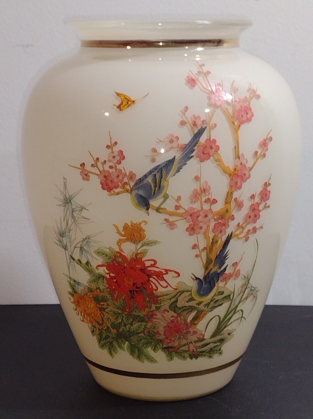Anchor Hocking Cream Vase with Blue Birds and Pink Blossoms